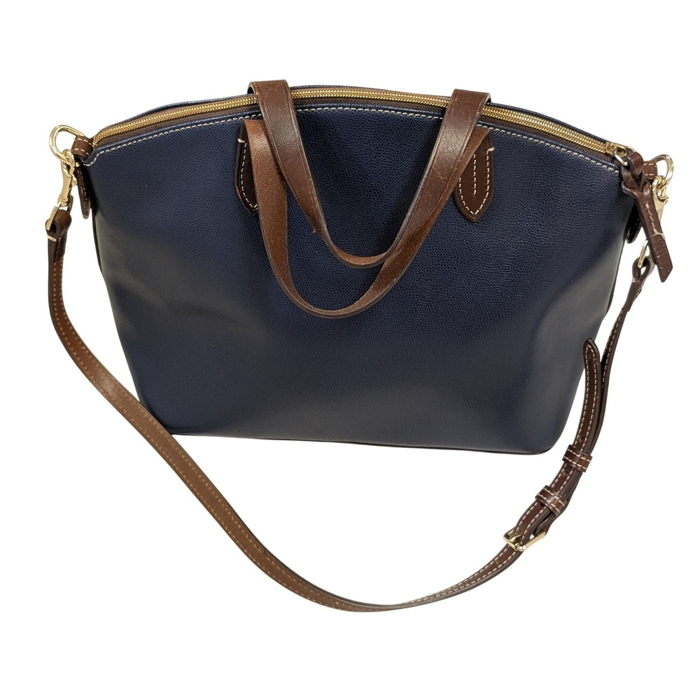 Dooney & Bourke Pebble Grain Leather Zip Top Tote Navy Blue / Brown Crossbody - Picture 11 of 13